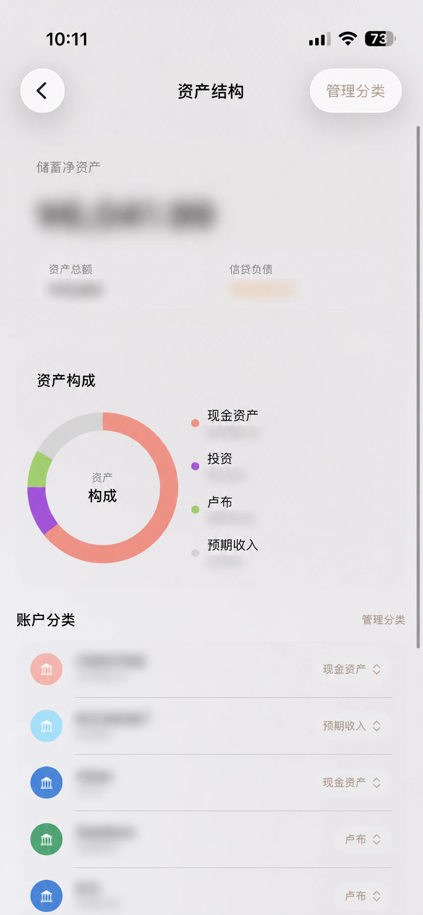 Plain 2.0 资产结构，展示资产、信贷负债与自定义分类